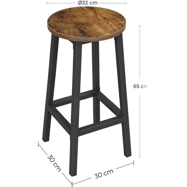 Hoppa! Barkruk | Set Van 2 Barstoelen | Keukenstoelen Met Stevig Stalen Frame | Hoogte 65 cm | Rond | Eenvoudig Te Monteren | Industriële Stijl | Vintage Bruin-Zwart