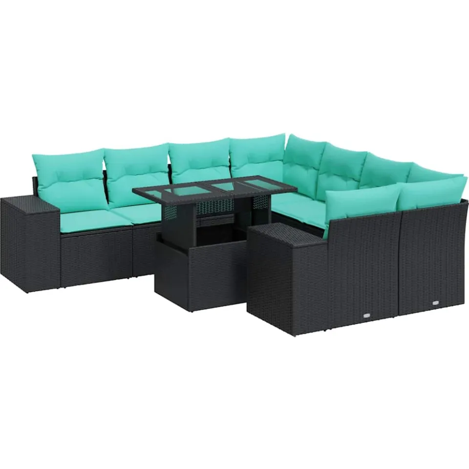vidaXL 9-delige Loungeset met kussens poly rattan acacia zwart, foto 3