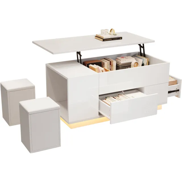 Merax 100x50x45 cm vier-in-één verstelbare salontafel met LED-verlichting - met 2 lades - inclusief bank en 2 krukken - met opbergruimte - wit