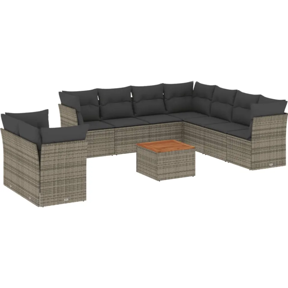 vidaXL 10-delige Loungeset met kussens poly rattan grijs