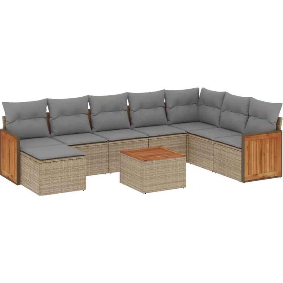 vidaXL 9-delige Loungeset met kussens poly rattan beige, foto 3