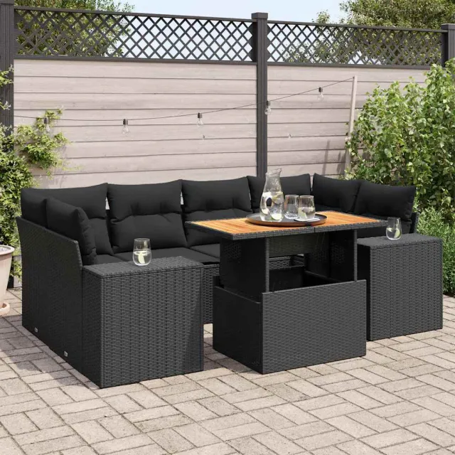 vidaXL 7-delige Loungeset met kussens poly rattan zwart, foto 2