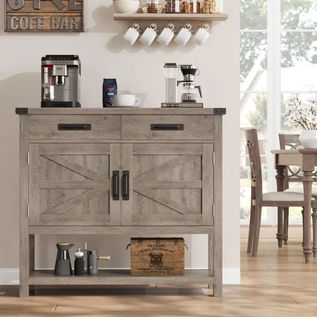 HOERFURIY Landelijke console tafel 90×36×86 cm, grijs, 2 lades en dubbele deuren, sidetable voor hal en woonkamer