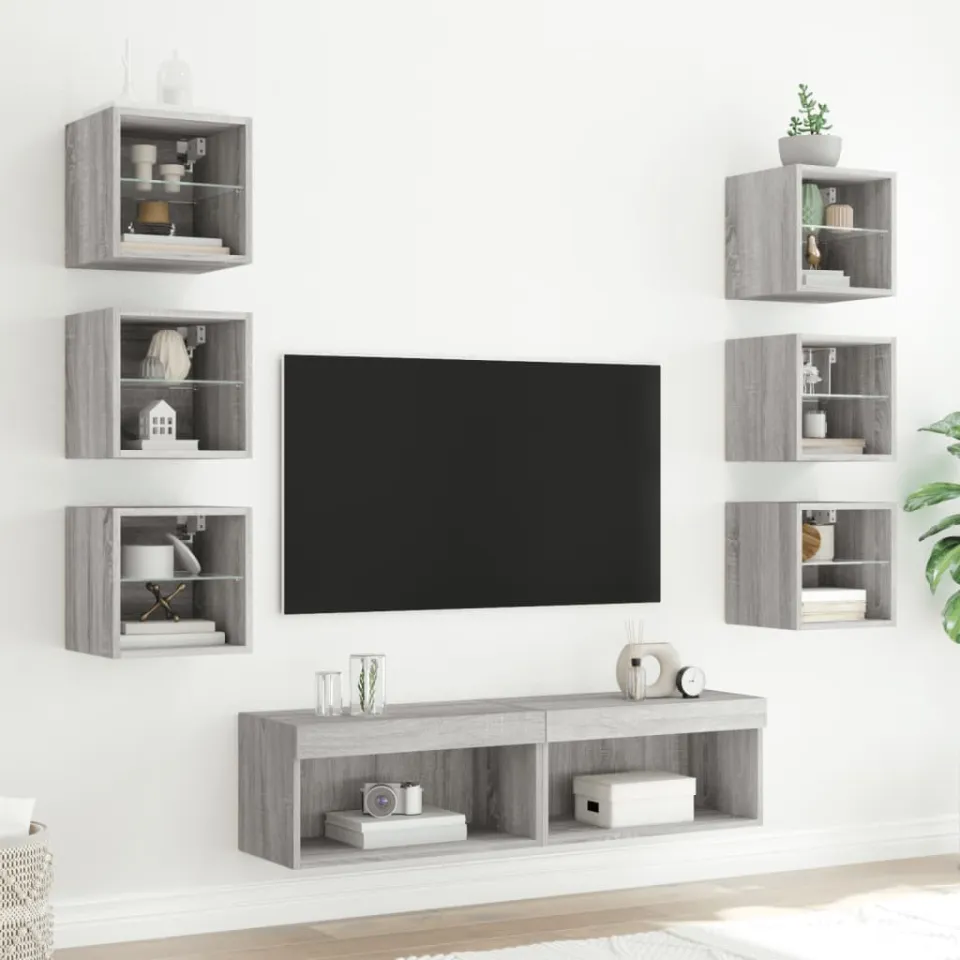 vidaXL 8-delige Tv-wandmeubelset met LED bewerkt hout grijs sonoma, foto 3