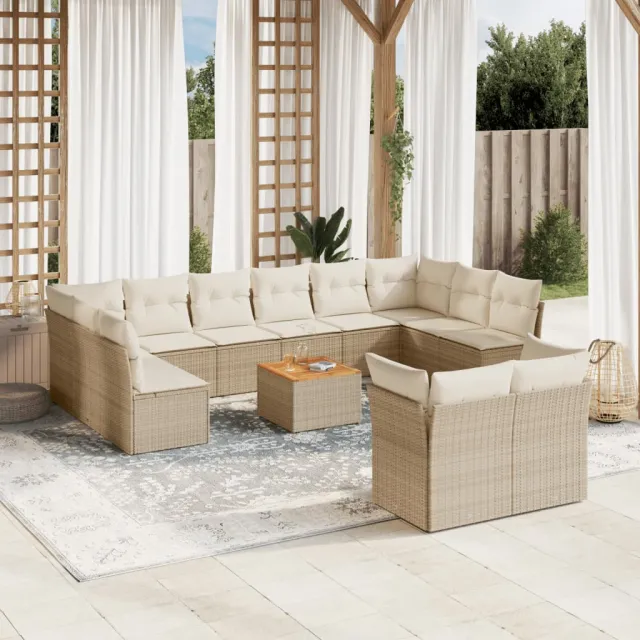vidaXL 13-delige Loungeset met kussens poly rattan beige, foto 2