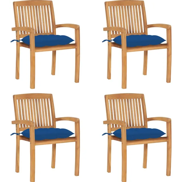 vidaXL Tuinstoelen stapelbaar 4 st met kussens massief teakhout Blauw