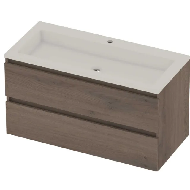 Basic-Line Aura 46 Badmeubelset Acryl 1 Kraangat Greeploos 100x46x54 cm Dusk Oak Glans Wit