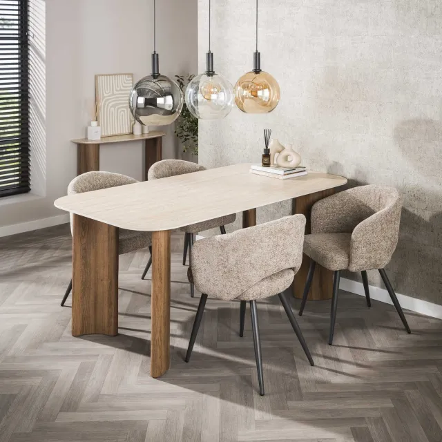 Nest of Nora Eettafel Nino Curvo - 180 cm - 3D keramiek travertijn-stijl / keramische eettafel ovaal Lichtbruin