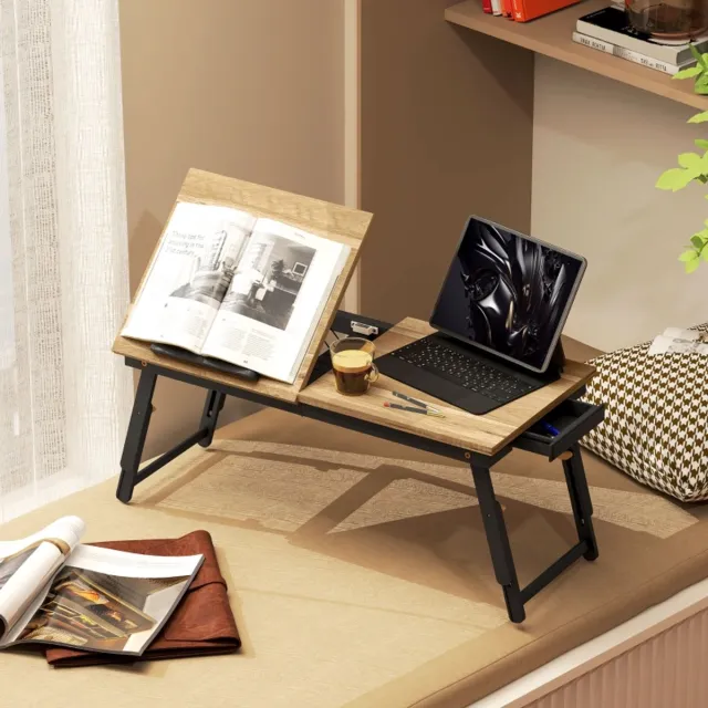 OKWISH Bedtafel Verstelbaar Klapbaar Met Lade 83,5 X 33 Cm MDF Bamboe Eiken Op Bed En Sofa Voor Werken Lezen En Ontbijt Oak