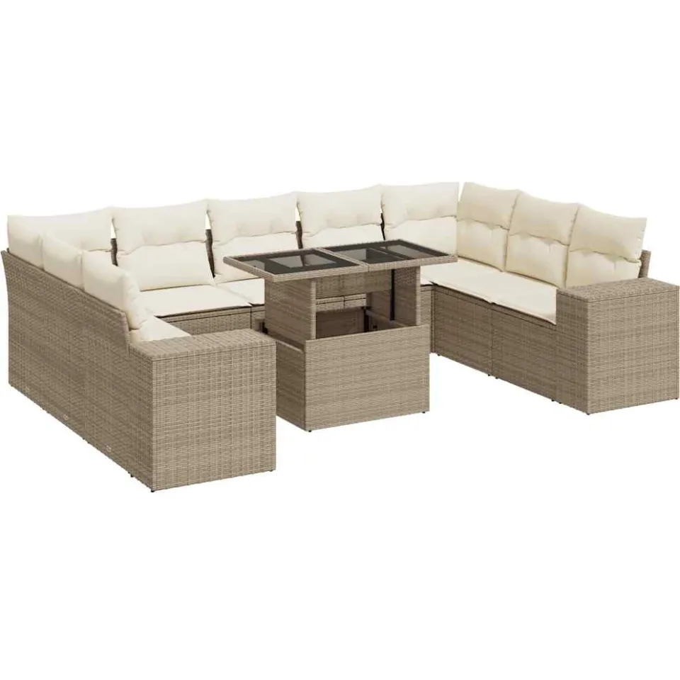 vidaXL 10-delige Loungeset met kussens poly rattan beige, foto 3