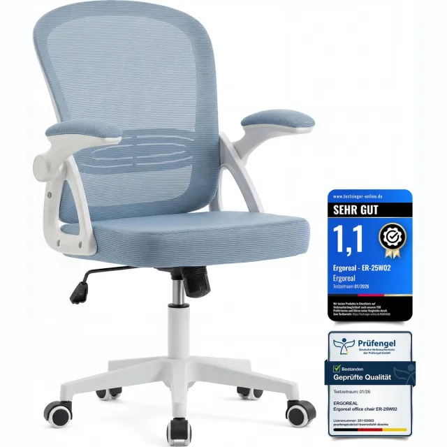 Ergoreal Bureaustoel - Ergonomische Stoel - Fauteuil met 90° opklapbare armleuning - In hoogte verstelbaar - Blauw
