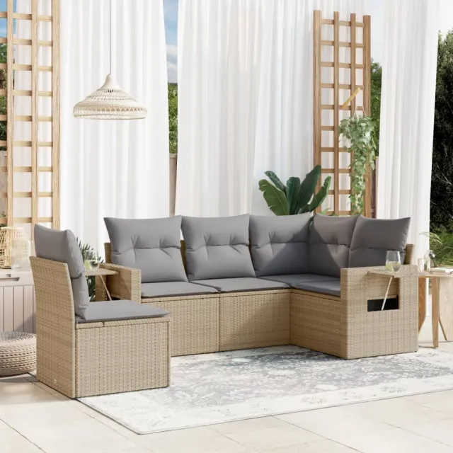 vidaXL 5-delige Loungeset met kussens poly rattan beige, foto 2