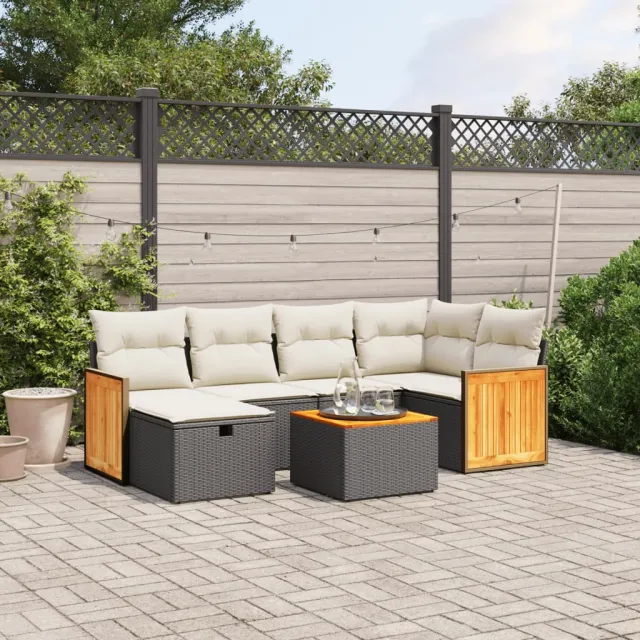 vidaXL 7-delige Loungeset met kussens poly rattan zwart, foto 2
