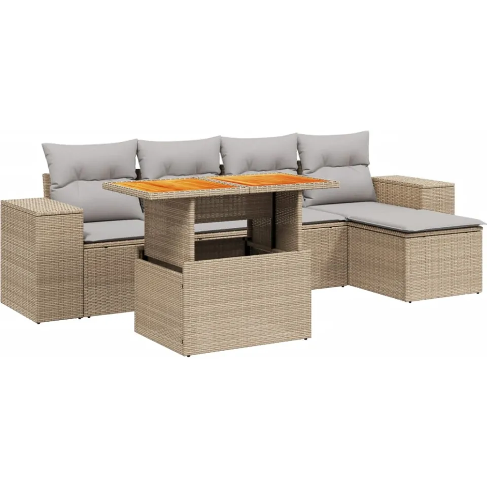 vidaXL 6-delige Loungeset met kussens poly rattan beige
