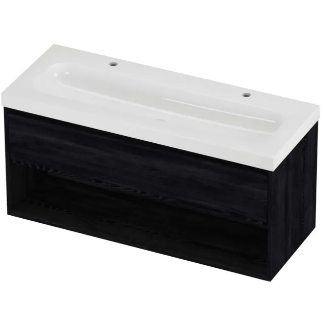 Proline Haga Badmeubelset Polystone Mezza 2 Kraangaten Met Schap 120x46x58 cm Glans Wit Black Oak Eiken