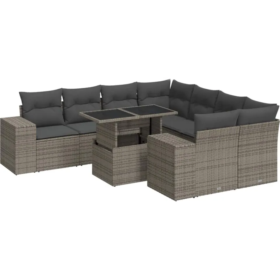 vidaXL 9-delige Loungeset met kussens poly rattan grijs, foto 3