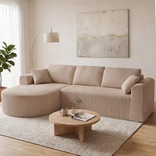 COMHOMA Modulaire Hoekbank 263 cm - Corduroy L-vorm Slaapbank - Beige