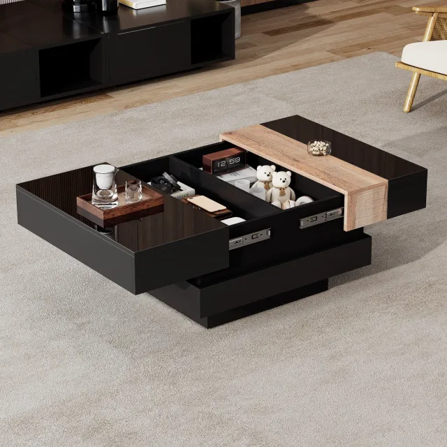 KOMHTOM Salontafel - 70 x 70 x 39 cm, Uitschuifbaar & Verborgen opbergruimte - Kleurblokontwerp, Hoogglans MDF - Zwarte theetafel voor woonkamer