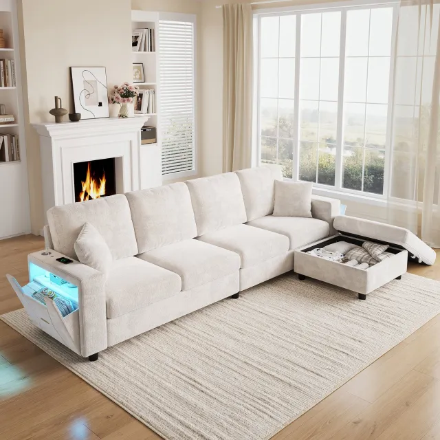 Sweiko Hoekbank - Modulaire opstelling - 4-zitsbank - Met Opbergruimte - LED-verlichting - Oplaadpoort - 2 kussens - Beige