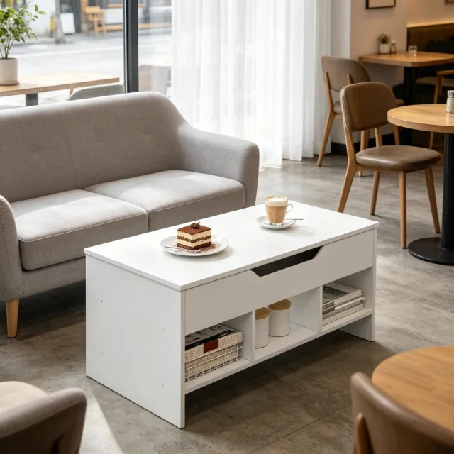 MODENUIT Salontafel - Opklapbaar Blad Met Opbergruimte - Woonkamer En Werkkamer - Hout - Wit - 96x51x60,5 Cm