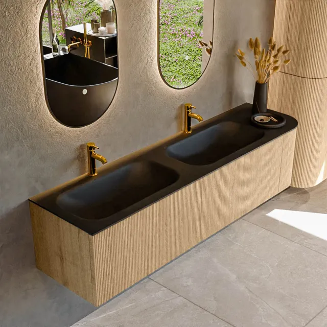 Mondiaz KURVE 175 cm Onderkast Greeploos 2 Lades Met Deuren Oak, Wastafel Solid Surface Links Urban 2 Kraangaten Zonder Spiegel (KRVBGS175R2L1D2KD-Oak/Urb)