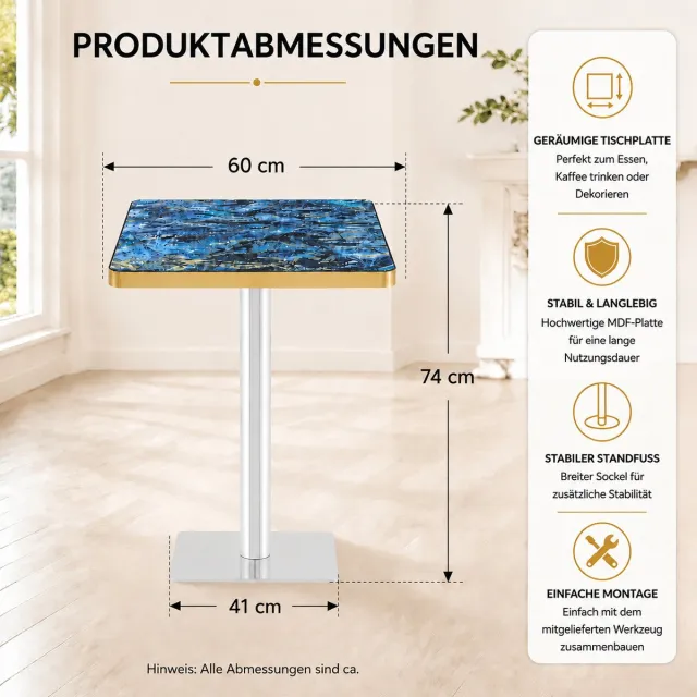 COVREO Eettafel 60x60x74 cm blauw, MDF blad met metalen onderstel en marmerlook