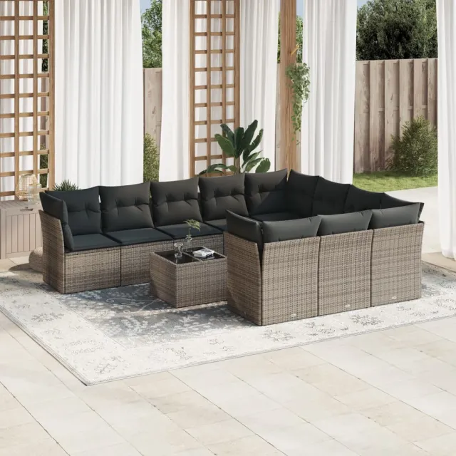 vidaXL 11-delige Loungeset met kussens poly rattan grijs, foto 2
