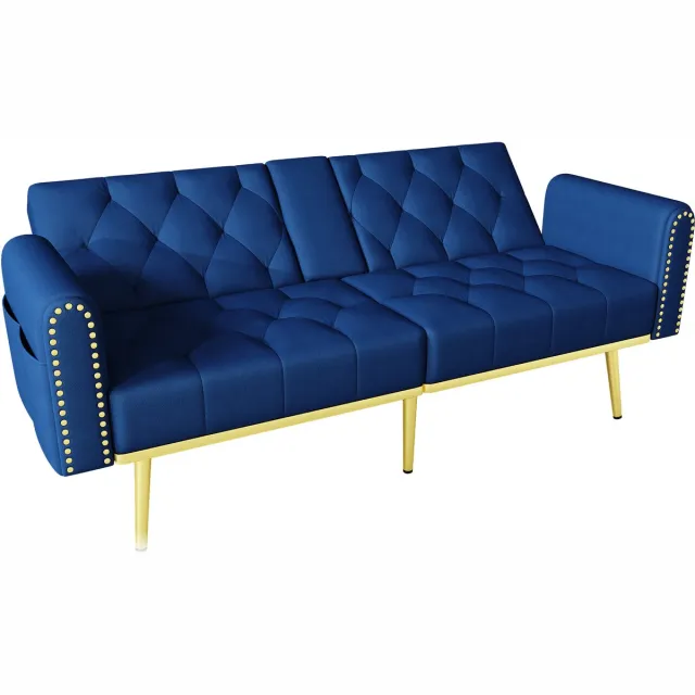 MEUBLE COSY 2-Zits Slaapbank Met Bekerhouder Van Fluweel Met Metalen Poten - Blauw