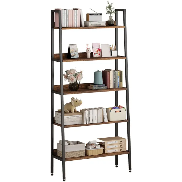 Danky 5-Laags Ladder Boekenkast - Rustiek Hout Met Zwart Metaalframe - Opbergrek Met Anti-Tip - Primaire Kleur - 80x30x170cm