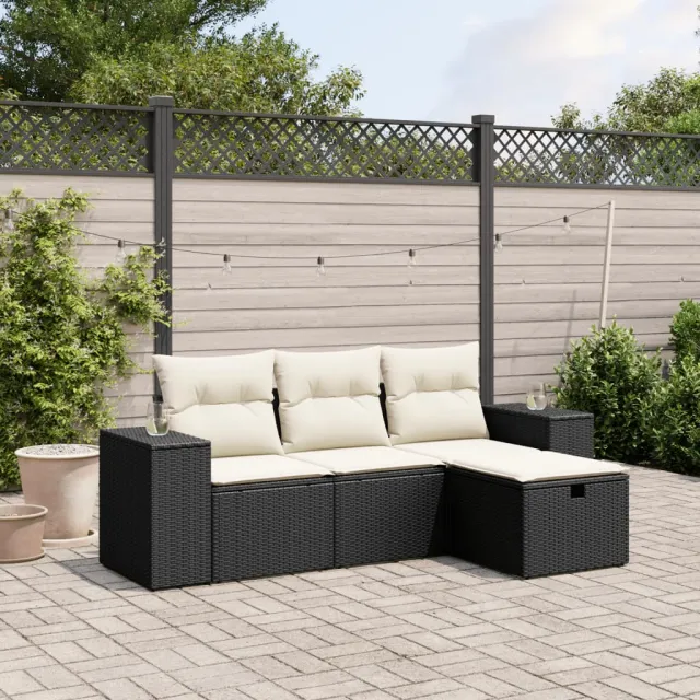 vidaXL 4-delige Loungeset met kussens poly rattan zwart, foto 2