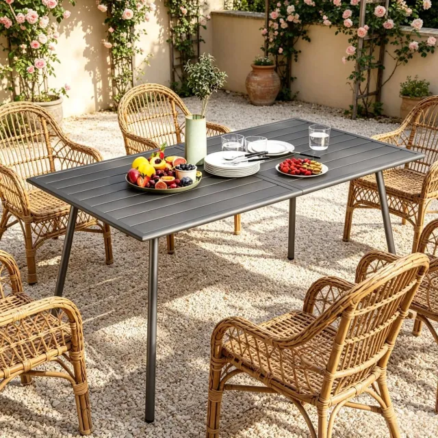 DESMIU Tuintafel - Rechthoekige Stalen Eettafel Voor Zes Personen - Voor Tuin En Terras - Grijs - 150 X 80 X 74 Cm