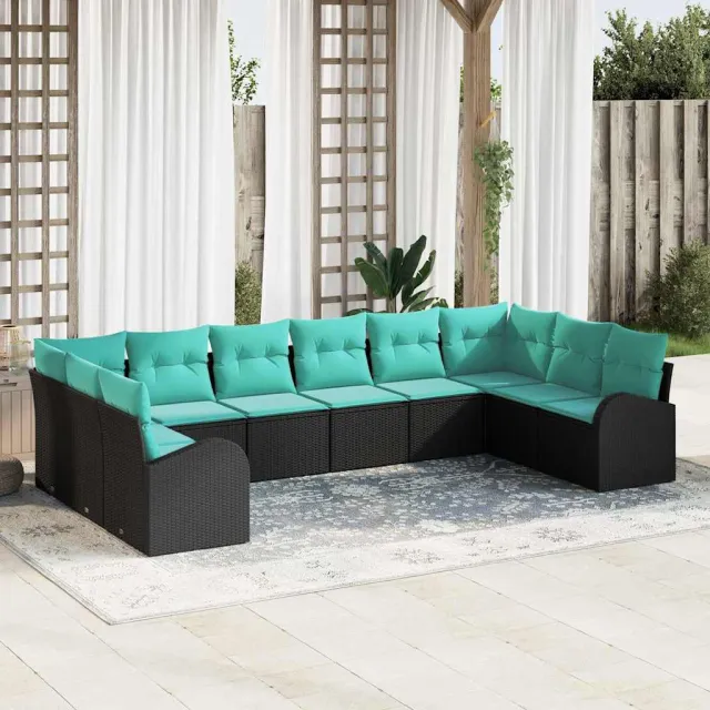 vidaXL Tuinbankenset 10 st Zwart en Turquoise poly rattan
