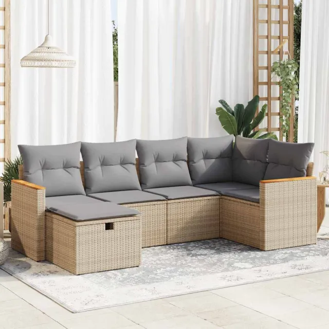 vidaXL 6-delige Loungeset met kussens poly rattan beige, foto 2