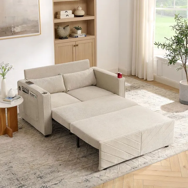KOMHTOM BLACKCOLORS Minimalistische 3-in-1 slaapbank voor 2 personen, groot en elegant, uitschuifbaar ontwerp, USB-oplaadpunt, perfect voor een dutje, beige