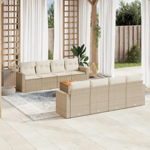 vidaXL 9-delige Loungeset met kussens poly rattan beige, foto 2