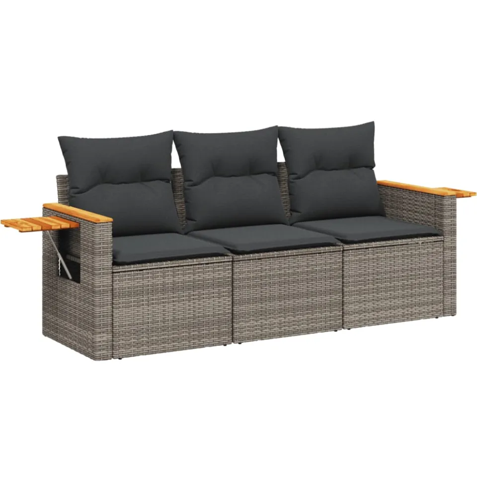 vidaXL 3-delige Loungeset met kussens poly rattan grijs, foto 3