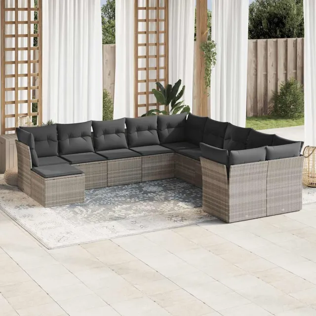 vidaXL 11-delige Loungeset met kussens poly rattan lichtgrijs grijs, foto 2