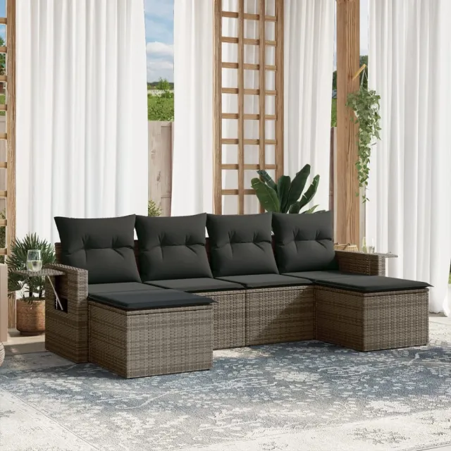 vidaXL 6-delige Loungeset met kussens poly rattan grijs, foto 2