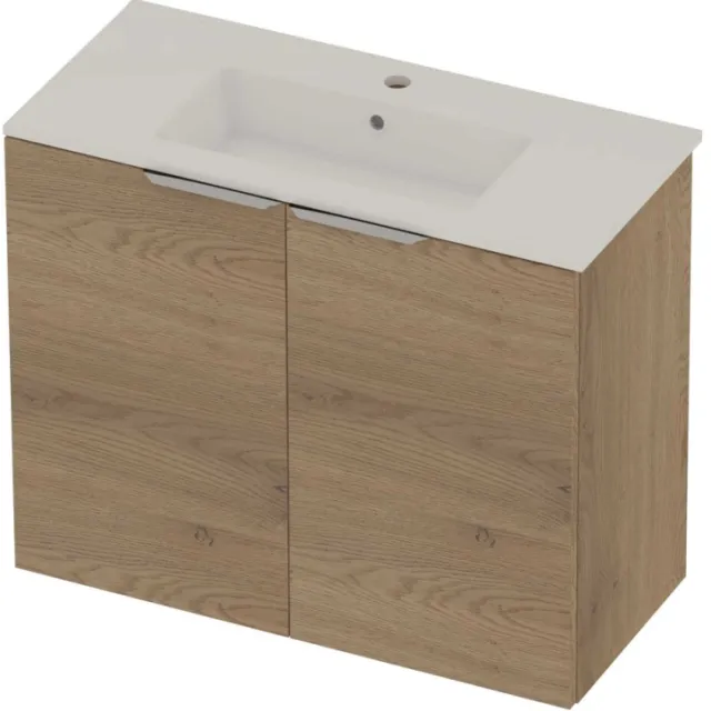 Basic-Line Tiny 36 Badmeubelset Porselein 1 Kraangat Voor Grepen 80x36x67 cm Pure Oak Glans Wit