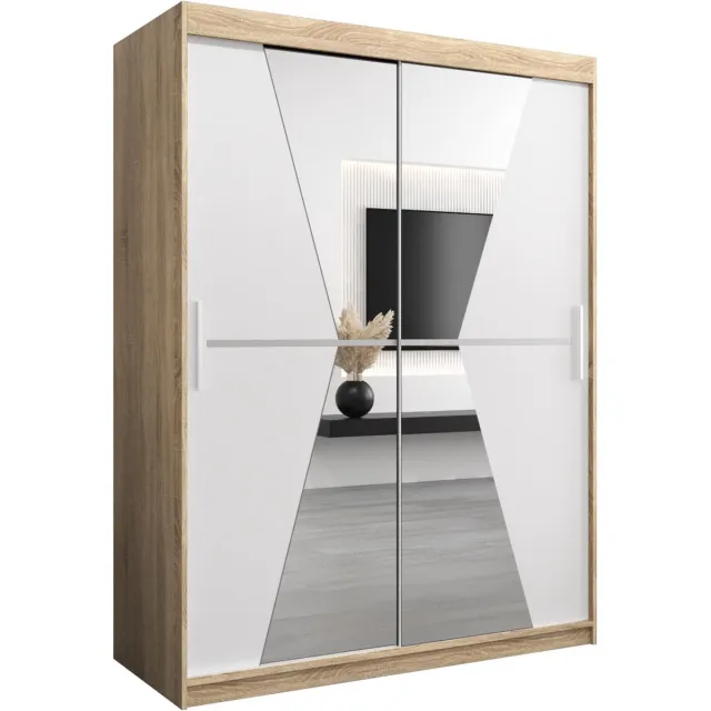 InspireME Kledingkast met 2 schuifdeuren, Modern-stijl, Een kledingkast met planken en een spiegel (BxHxD): 150x200x62 - TOTO 150 Sonoma Eik + Wit Mat met 2 lades