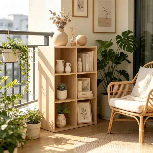 WUVRIE Open vakkenkast 59,6 x 89 x 29 cm - 6 vakken, flexibel plaatsbaar - Eiken