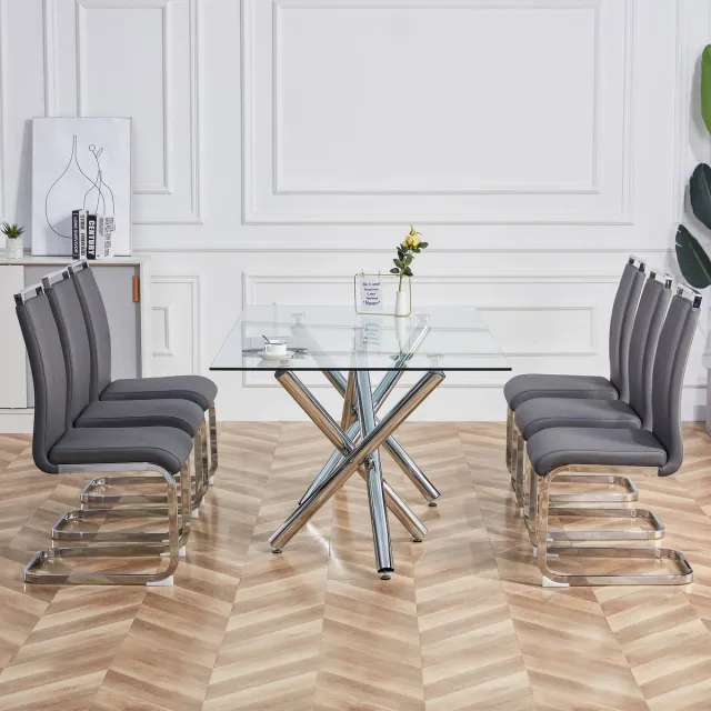 FloraGrace Eetkamerstoel Set Van 4 - Freischwinger Met Verchroomd Metalen Frame - Ergonomisch Comfort - PU Leer - Grijs