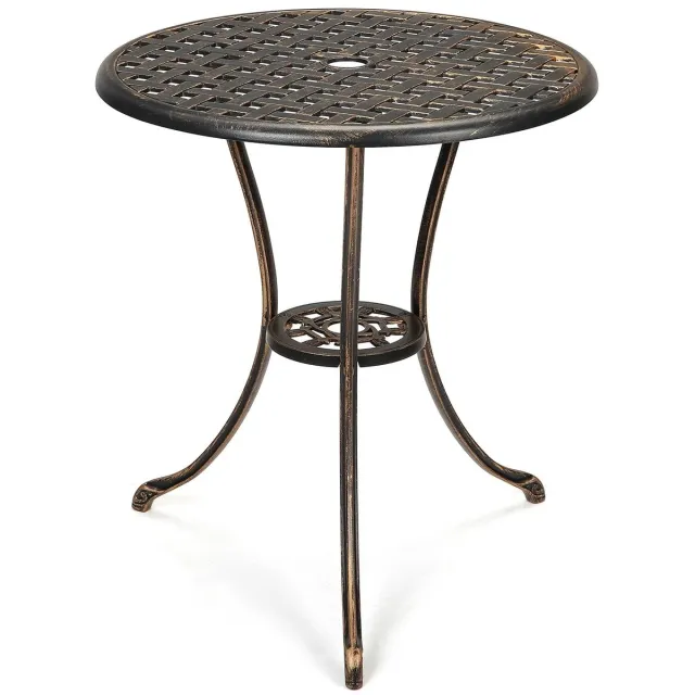 RosaBloom Bistrotafel van gegoten aluminium - Ronde terrastafel - Weerbestendige tuintafel met parasolgat - Vintage design - Antiek Brons