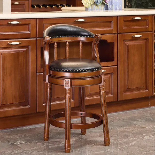 Wishdor Barkrukken - 360 Graden Draaibare Zitting En Rugleuning - Voor Keuken Of Bar - Houten Frame Met Echt Leren Bekleding En Schuimvulling - Zwart - Zithoogte 66 Cm - Set Van 1