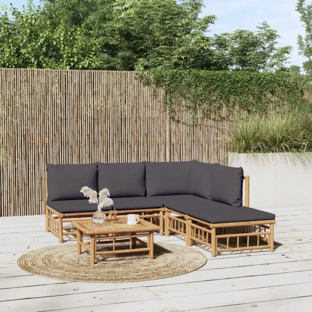 vidaXL 6-delige Loungeset met kussens bamboe donkergrijs bruin, foto 2