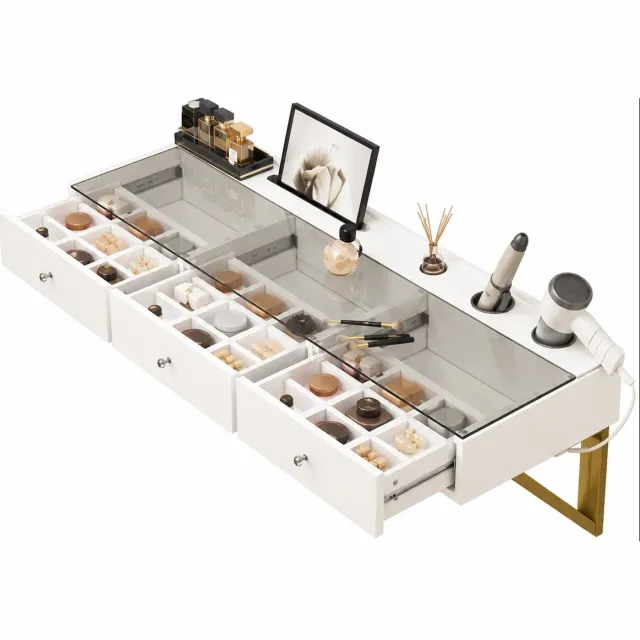 VILIMA Makeuptafel - Wandgemonteerde makeuptafel - 3 laden - Met glazen plaat - 2 houders voor Föhn en krultang - Wit - 120×40×45 cm