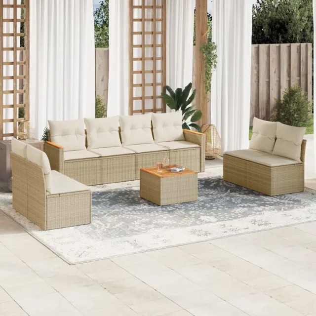 vidaXL 9-delige Loungeset met kussens poly rattan beige, foto 2