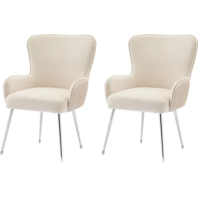 Merax Eetkamerstoelen Set van 2 – Fluwelen Stoelen met Lage Armleuningen – Verstelbare Metalen Poten – Ergonomisch Design – Beige met Zilver