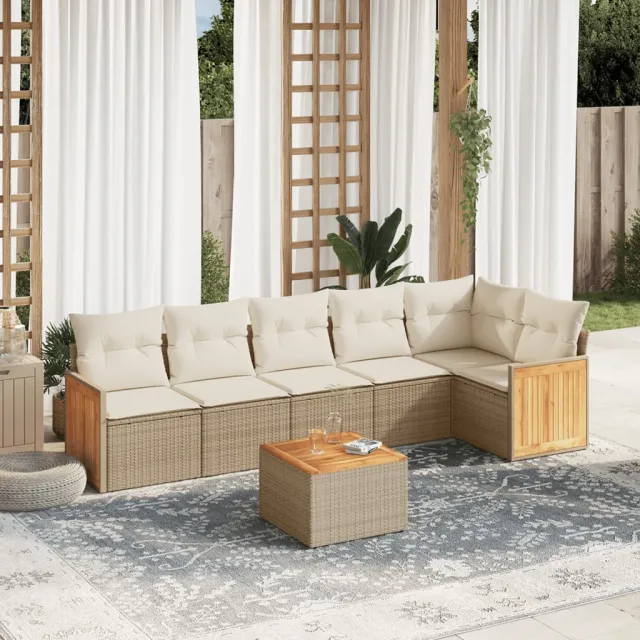 vidaXL 7-delige Loungeset met kussens poly rattan beige, foto 2