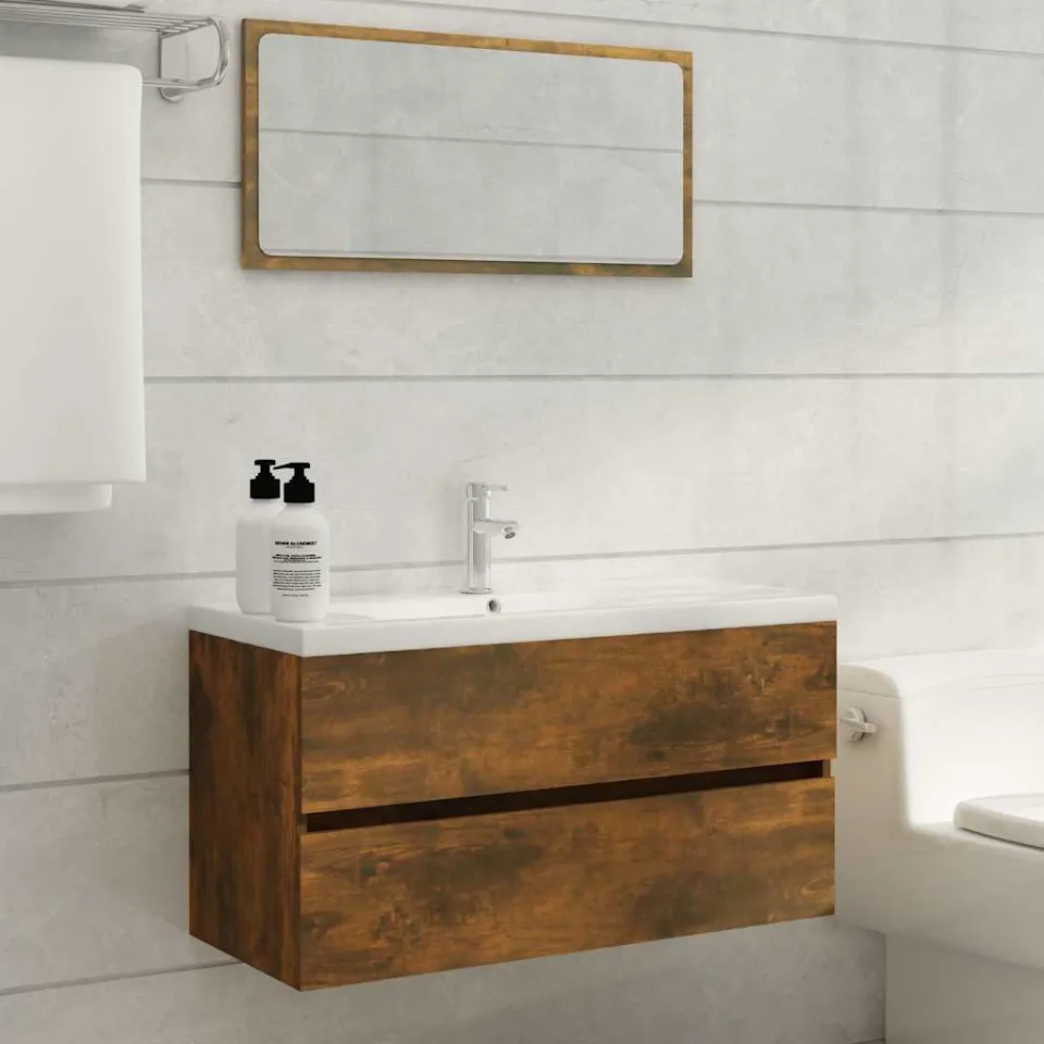 vidaXL Wastafelkast 90x38,5x45 cm bewerkt hout gerookt eikenkleurig, foto 3
